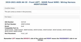 4K8971035AK AUDI Front Left Door Panel Wiring Wire Harness A6 #3